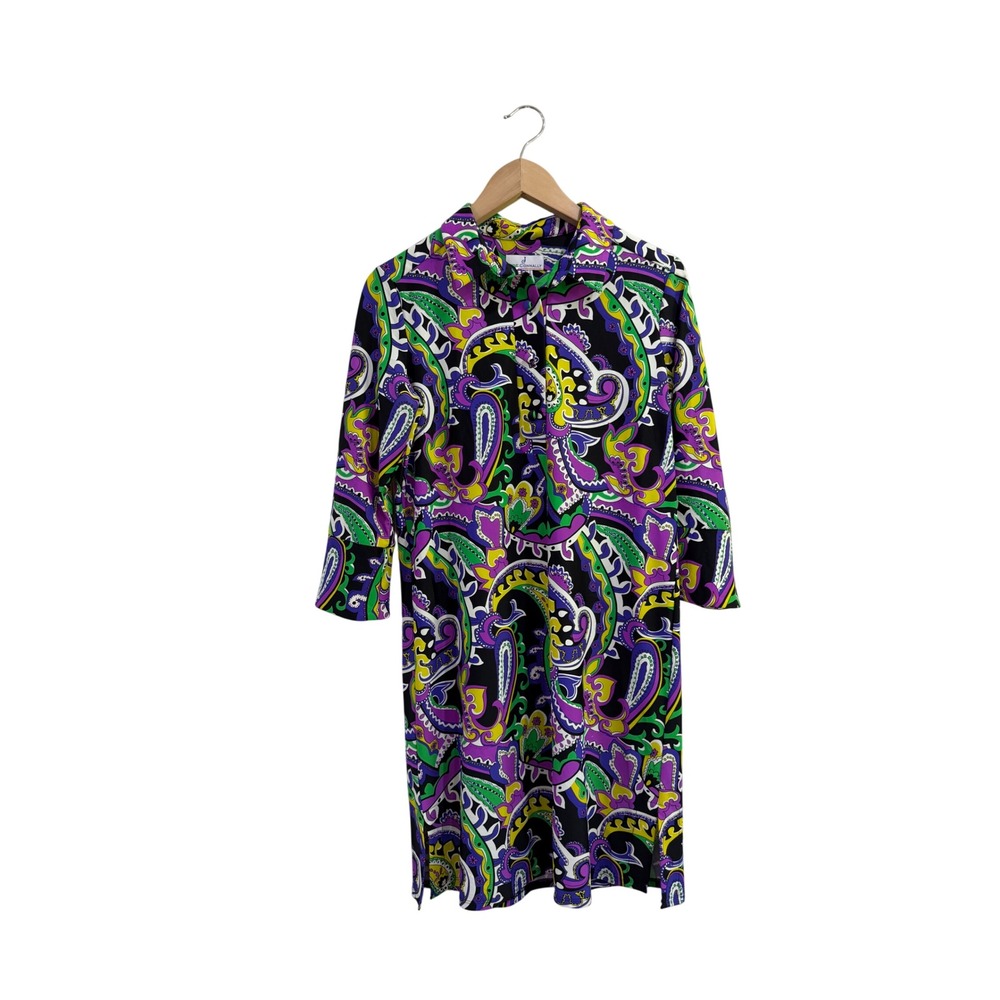 Jude Connally Paisley Preppy Shirt Dress Purple Green Yellow 3/4 Sleeve Size M